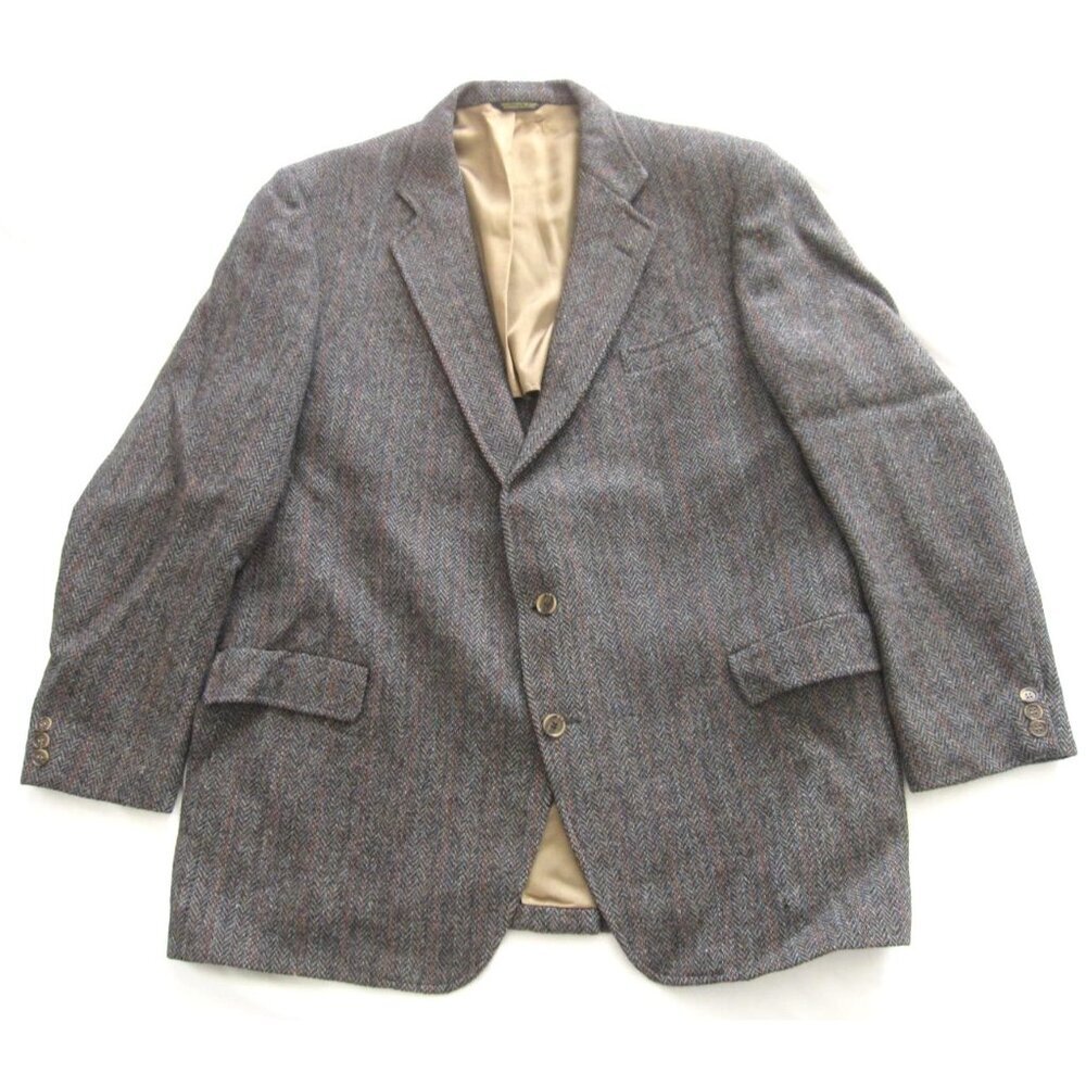 Vtg Harris Tweed Blazer 44L Brown Herringbone Wool Blazer Old Money Academia USA